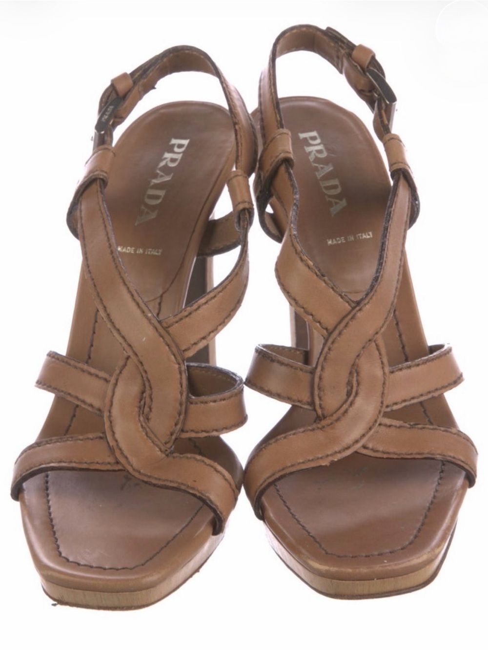 Prada Brown Leather Knot-Strap Heeled Sandals